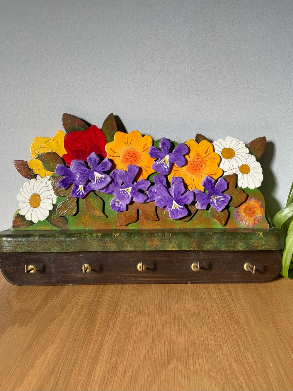 Vintage Canadian Folk Art Handcrafted Wooden Floral Key Holder Shelf